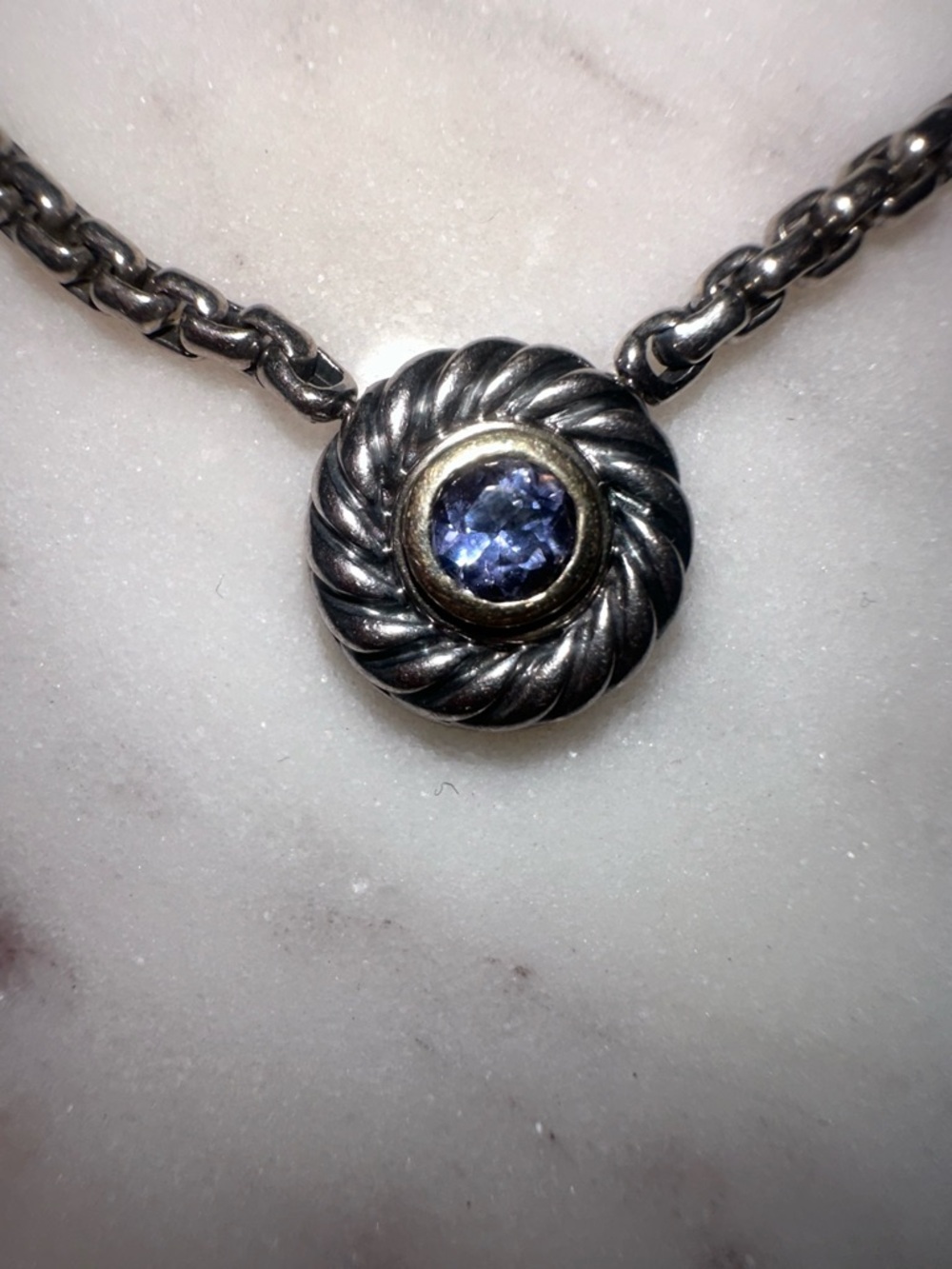 David Yurman Blue Topaz Cable Pendant Sterling Silver Box Chain Necklace